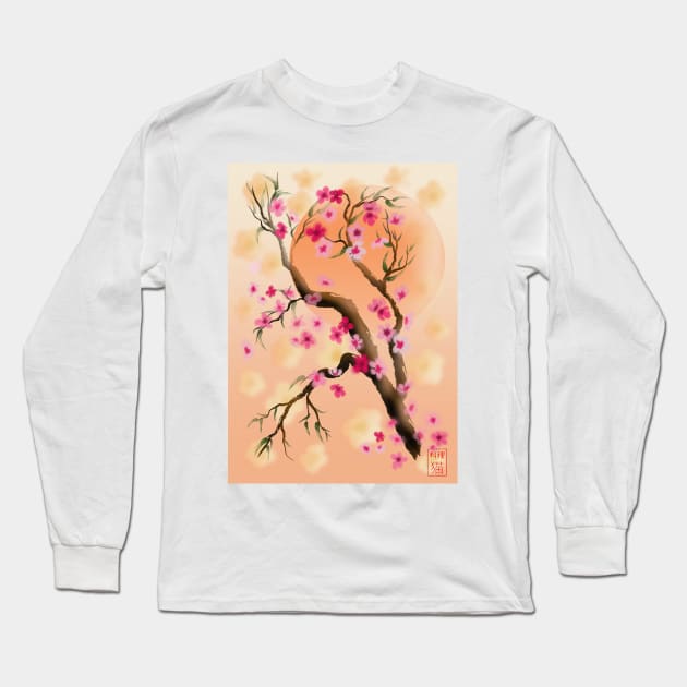 Deep yellow and pink sakura (cherry blossoms) sumi-e Long Sleeve T-Shirt by cuisinecat